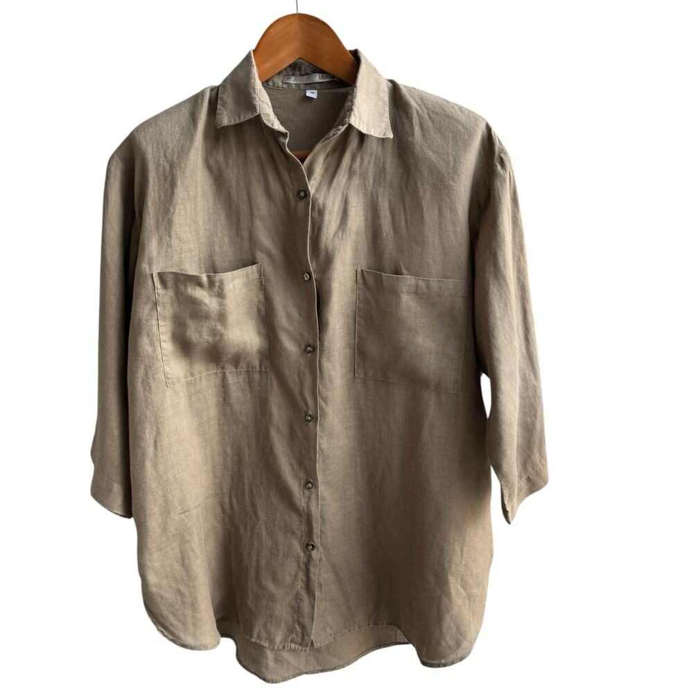T AND N MIAMI Top Womens S Khaki 100% Baird Irish Handkerchief Linen Tunic VTG - Picture 8 of 11